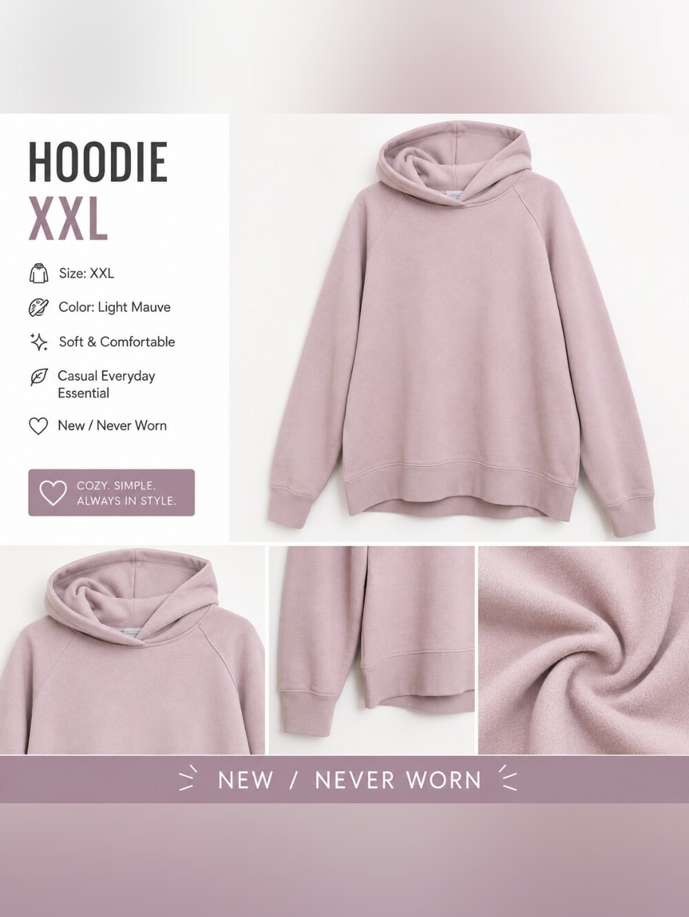 Women’s Light Mauve Hoodie – Size XXL – New